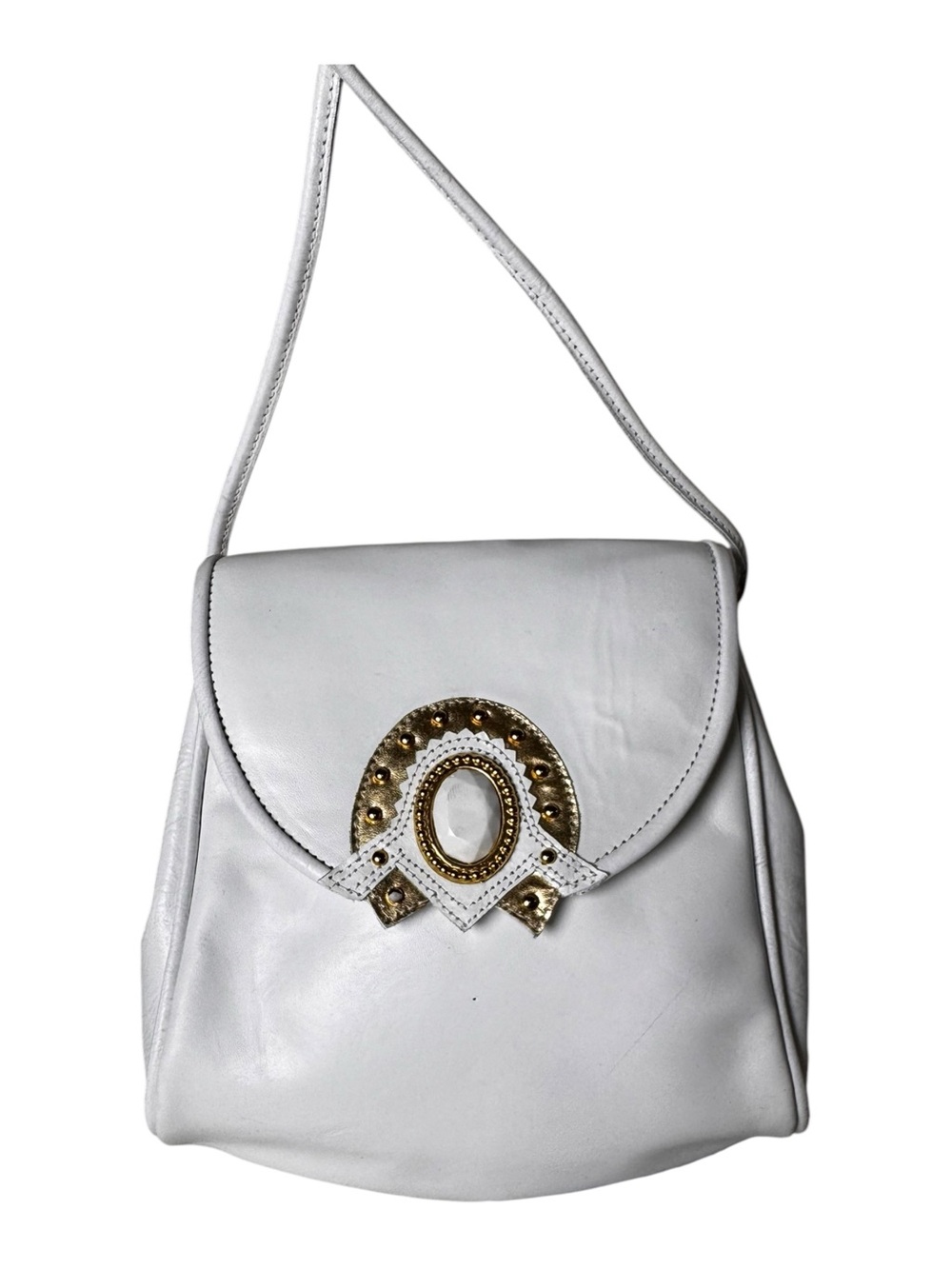 Bellini Crossbody Bag Vintage 80s White Leather Gold Cabochon Medallion Purse
